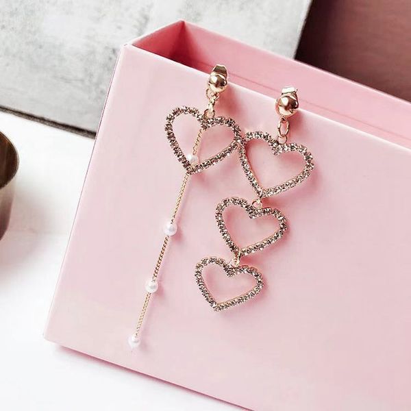 

korean elegant face slimming long tassel online influencer earrings 925 silver needle asymmetric sweet heart pearl earrings, Golden