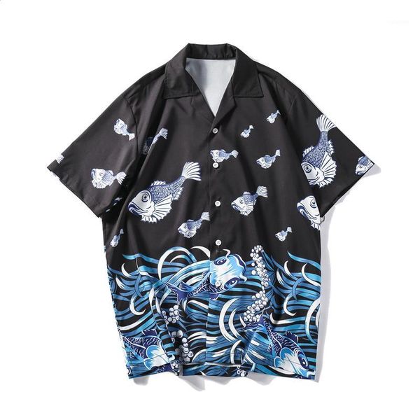 

xiu luo brand wave printing turn-down collar shirts men 2020 japanese streetwear summer short sleeve casual shirts1, White;black