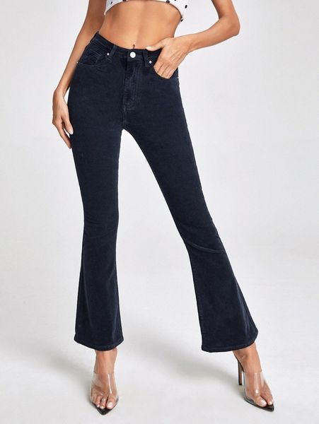 

high waist flare leg corduroy pants h9ko#, Black;white