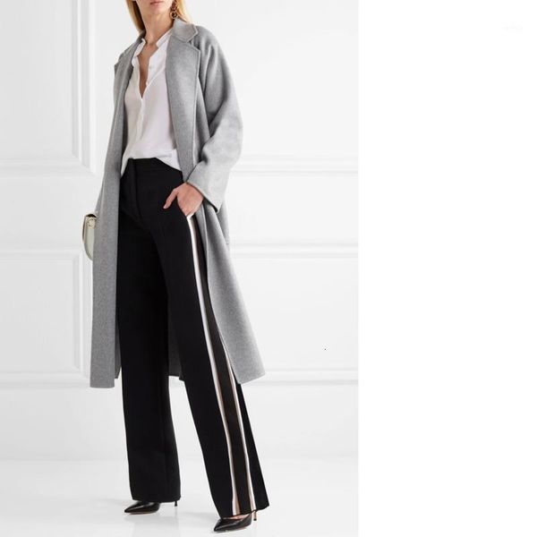 

2020 spring autumn women notched woolen robe split long coat female outerwear manteau femme abrigos mujer ladies overcoat1, Black