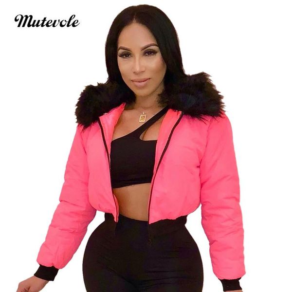 

mutevole autumn winter crop bomber jacket outwears women turn down collar patchwork fur coat long sleeve zipper warm coat jacket, Black;brown