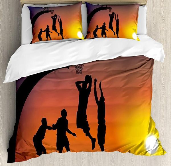 

teen room decor duvet cover set boys playing basketball at sunset horizon sky dramatic scene bedding set dark coral black yellow1