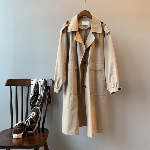 

2021 new autumn loose style clothes women long coat khaki feminino harajuku abrigo mujer trench femme ppwg, Tan;black