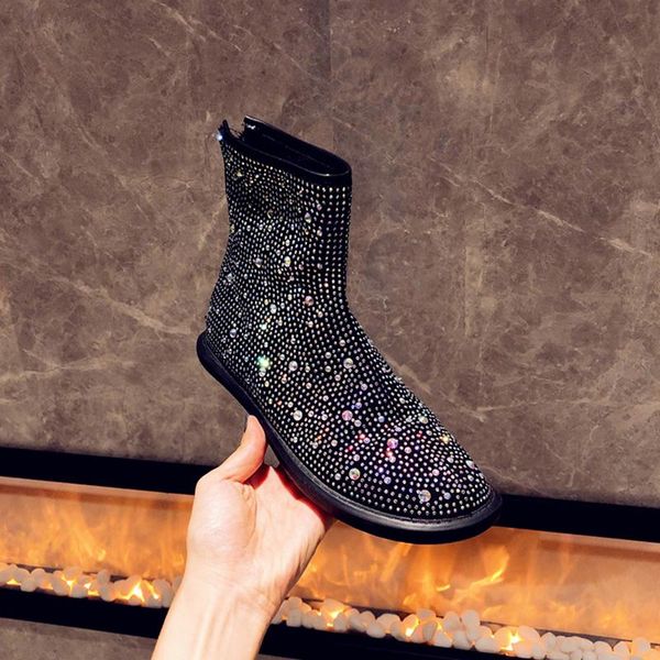 

boots 2021 women full crystal rhinestone ankle handmade soft flats ladies party prom dress shoes, Black