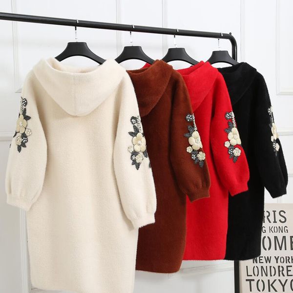 

womens faux fur coat 2020 fashion female long embroidery overcoat hooded jacket autumn winter thick warm water velvet coat w1525, Black