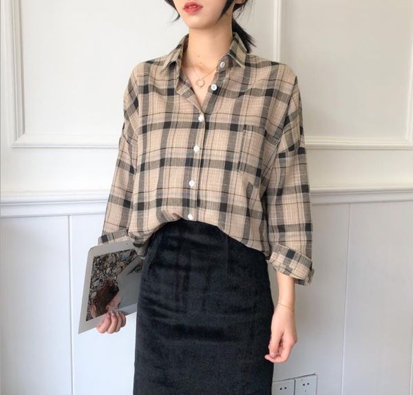 

2021 new women's mixture cotton linen plaid shirt j1h2, White