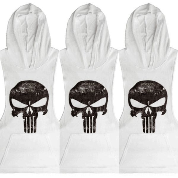 

al9xh men's fitness sports sleeveless hooded 4lxel european size ghost head vest sweater hooded printed sweater sleeveless vest cotton, Black