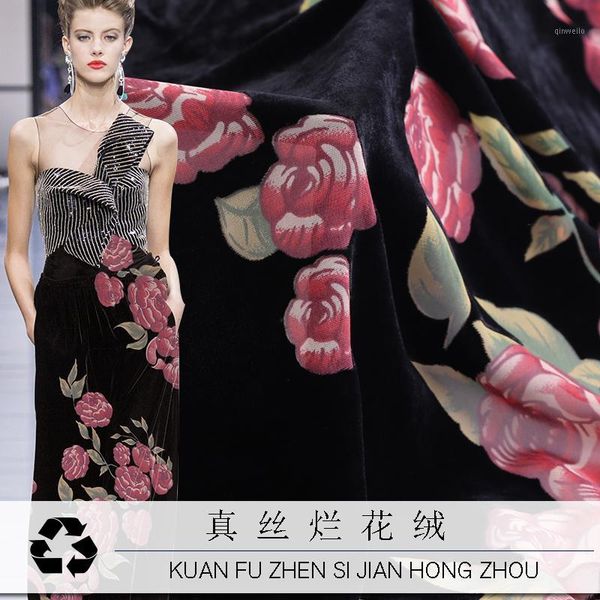 

2019 new hollow real mulberry silk fabric flower rose burnt out material velvet clothing cheongsam 135cm wide black1, Black;white