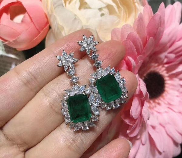 

green gem-stone drop dangle earring fashion cz zircon crystal flower earring natural green emerald earring for female 925 sterling11, Golden;silver