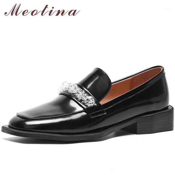

meotina square toe loafers shoes women genuine leather med heels crystal thick heel pumps female footwear 2021 spring new black1, Black