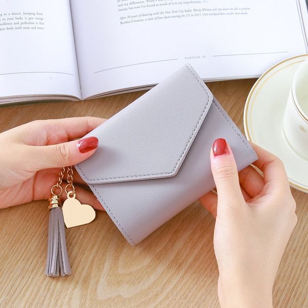 

luxury women's small short solid pu leather wallet coin ladies card holder bag cute tassel pendant student purse, Red;black