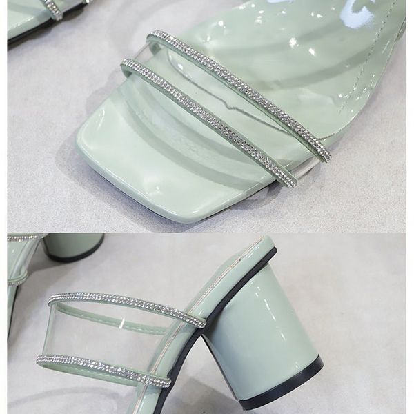 

2021 women slides 7cm high heels transparent mules summer female crystal green sandals lady square toe low heels slippers shoesmultifunction, Black