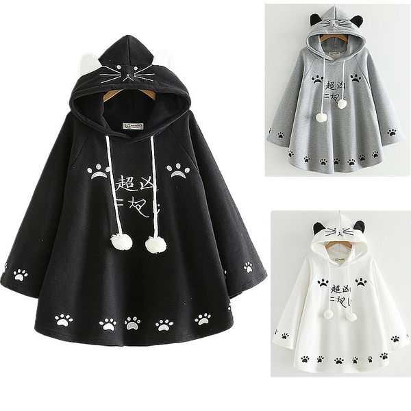 

anime costumes women kawaii cat ear sweatshirt japanese cute paws girls casual outerwear harajuku cloak fleece loose hooded 2 style cosplay, Black