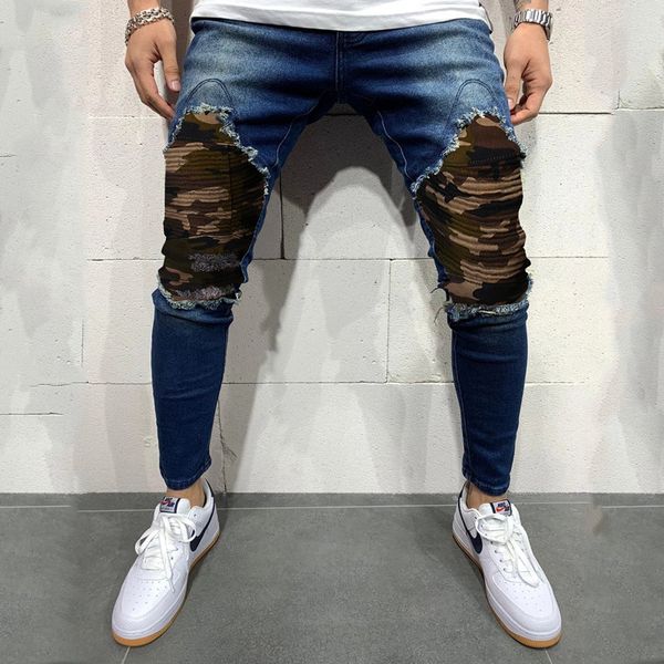 

2020 spring and autumn new european men's fashion pleated camouflage slim fit jeans casual color matching pants trend, Blue