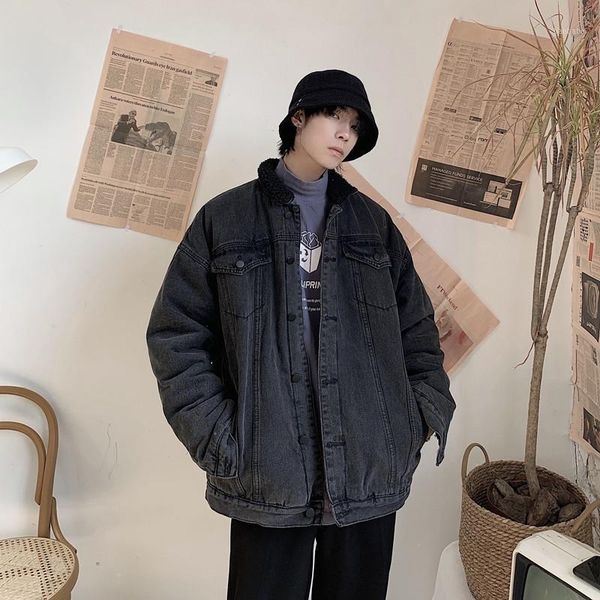 

2020 new japanese cotton winter simple solid color men's loose version retro gray black thick lamb hair denim jacket1, Black;brown