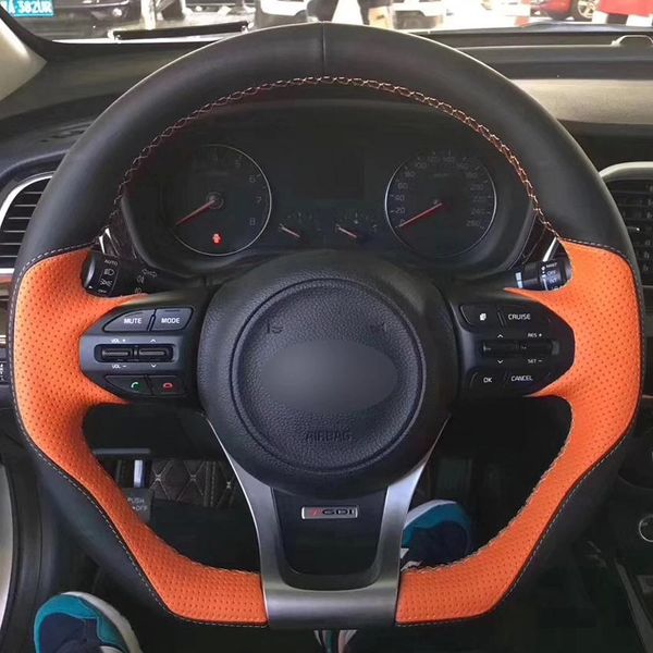 

diy black leather black suede orange leather car steering wheel cover for kia k5 optima 2014 2015 new product