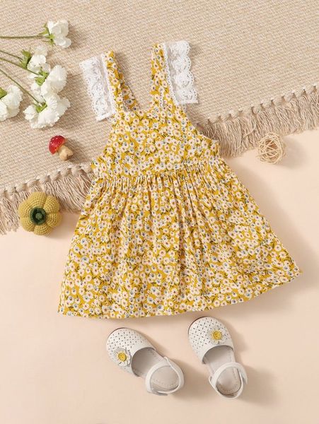 

baby ditsy floral lace trim overall dress she, Red;yellow