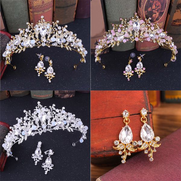 

wedding crown queen bridal tiara bridal crown with earring luxury rhinestone headband diadem bride hair jewelry ornaments, Golden;silver