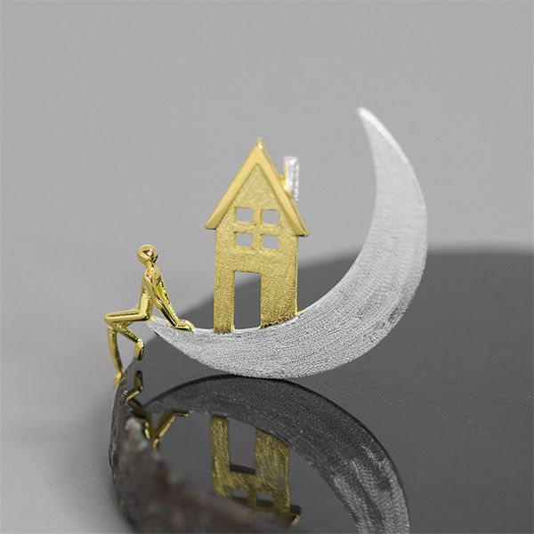 

inature 925 sterling silver home on the moon brooch pin for women fashion jewelry accessories 201009, Gray