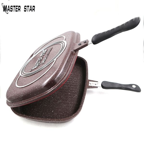 Master Star 40 cm doppelseitige Bratpfanne Druckguss Factory Outlet Steak Bratpfanne Grill Topf Utensilien Küche Gas Kochgeschirr 201223