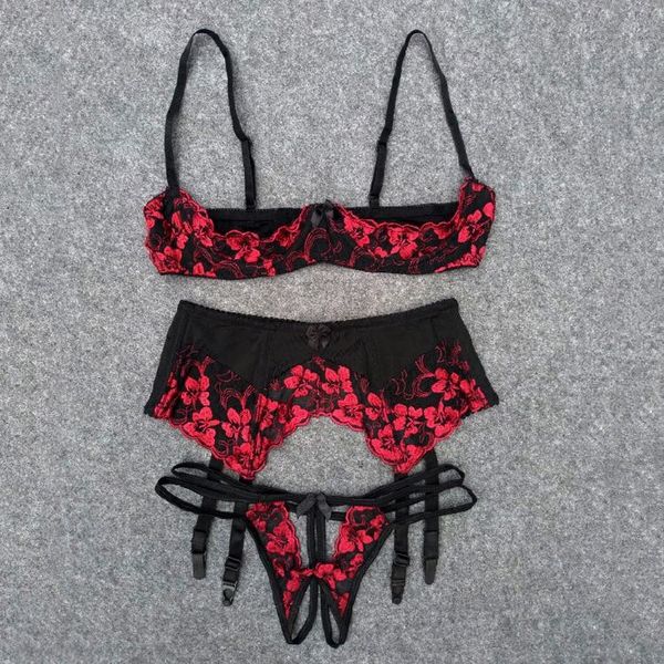 

french women half cup hollow seductive lingerie underwear ultra thin underwire bra panties gathers intimate clothes, Red;black