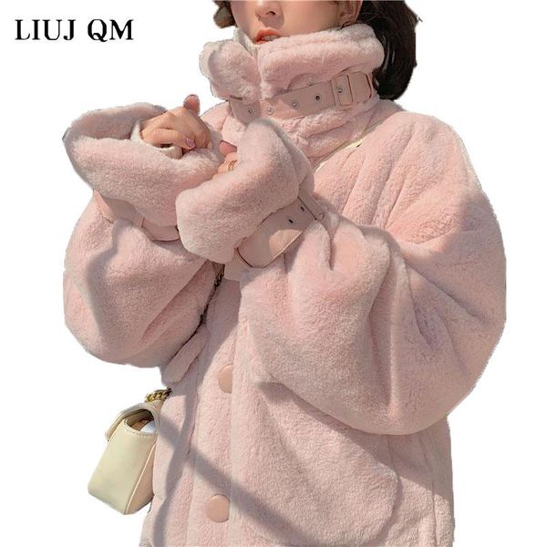 

winter women faux fur pink coat luxury fur coat loose korea lapel overcoat thick warm female plush coats, Black