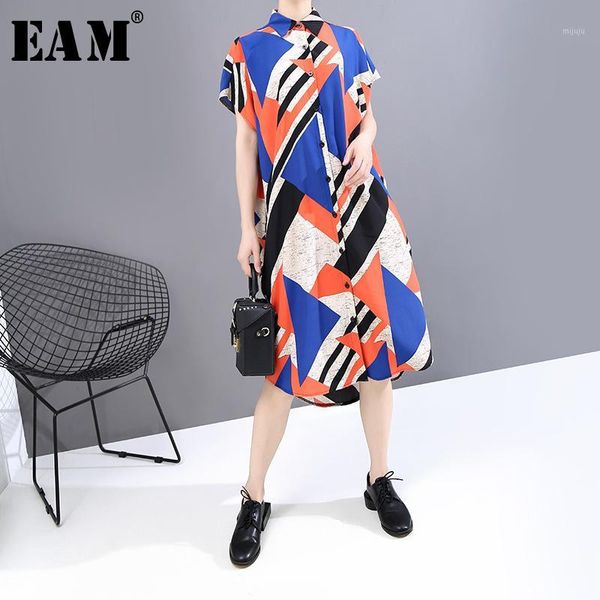 

eam] women pattern printed big size long shirt dress new lapel short sleeve loose fit fashion tide spring summer 2020 1w3451, Black;gray