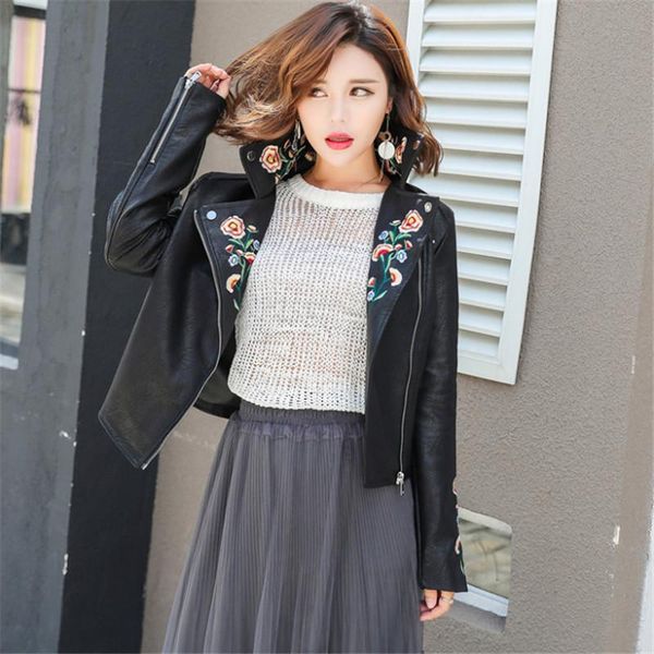 

2021 fashion heavy industry embroidery solid black washed short slim jacket women leather coat, Black;brown