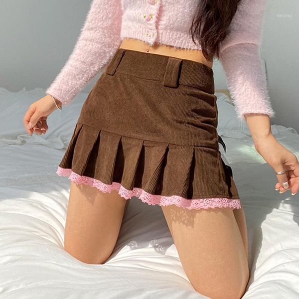 

pink lace y2k pleated mini skirt brown autumn casual high waist skirts womens korean fashion ruffles 90s streetwear1, Black