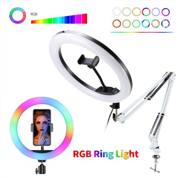 

flash heads rgb ring light dimmable video lights selfie lamp with white long arm bracket phone holders stand pography lighting for tiktok1