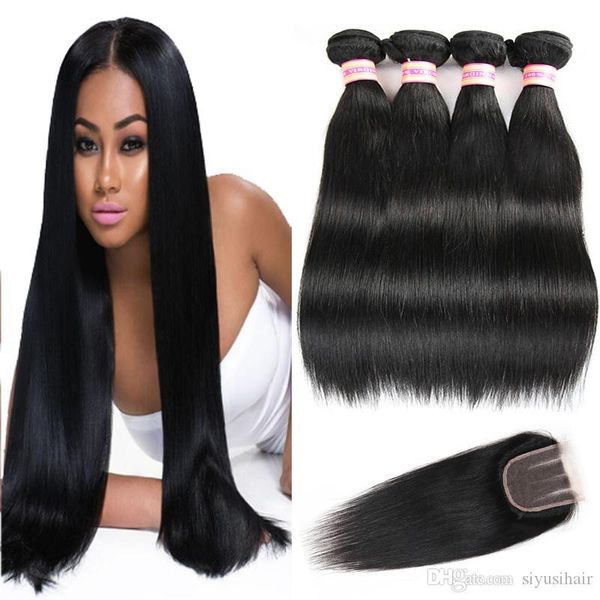 

indian peruvian malaysian brazilian straight virgin hair bundles with closures 9a human hair bundles with closure human hair weave, Black