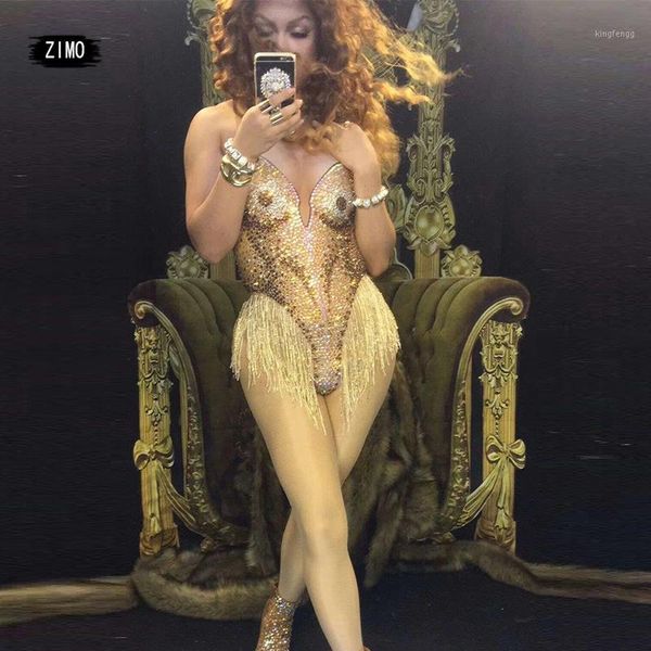 

glitter bodysuits women rhinestones ab tassel bar stage performance costume nightclub singer dance latin show gold burning1, Black;red