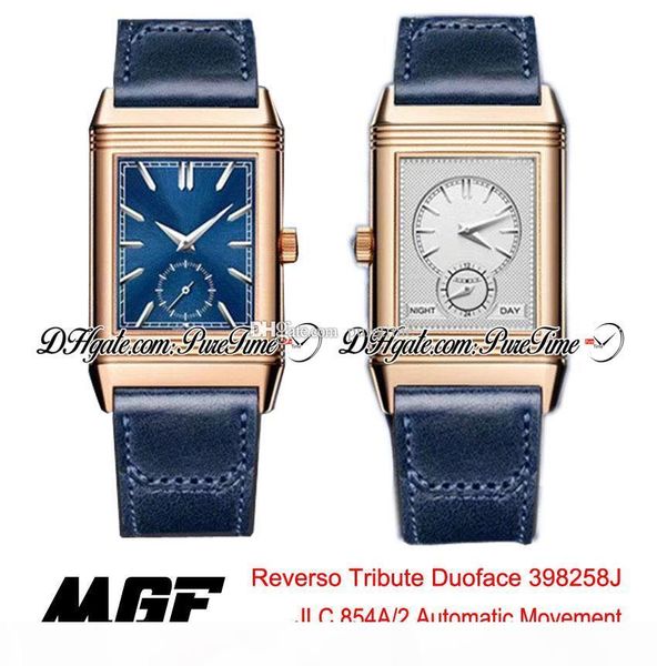 

mgf reverso tribute duoface 398258j jlc 854a 2 automatic mens watch rose gold blue silver dial blue leather strap new puretime 01b2, Slivery;brown