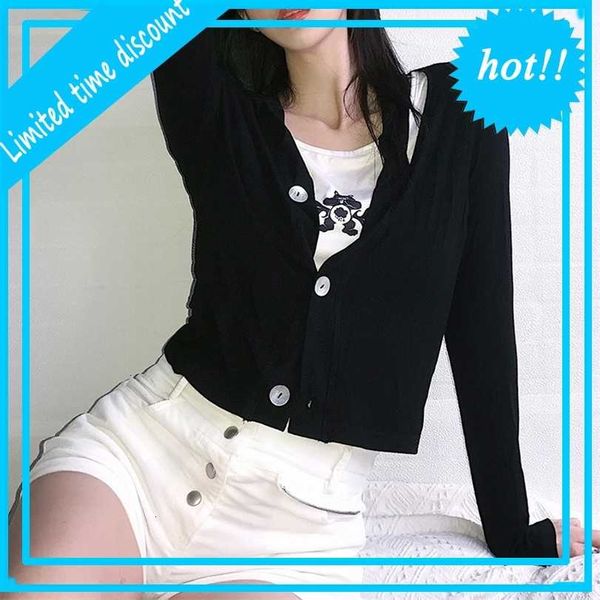 

women's clothing autumn and winter 2021 new solid color slim fitting fake two single breasted long sleeve navel exposed t-shirt for wom, White