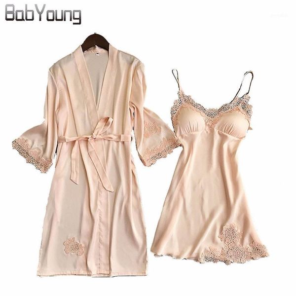 

babyoung 2018 autumn women silk bathrobe pajamas long sleeve robes set camisole lace night sleep dress skirt home wear pink1, Black;red