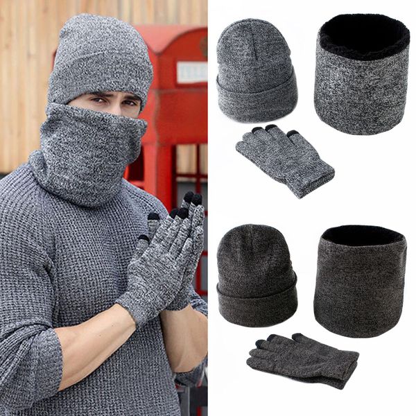 

мужские зимние шапки шарфы перчатки установить мода вязаная plus velvet hat шарф set kit мужской 3 шт / комплект шапочки шарф перчатки 20102, Blue;gray