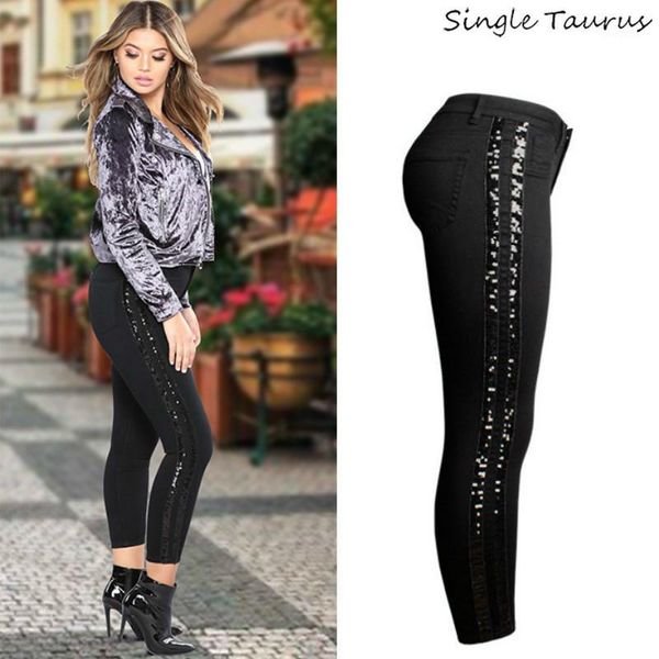 

sequin side stripe black skinny jeans women high street england slim push up denim pants mujer fashion spliced vaqueros mujer1, Blue
