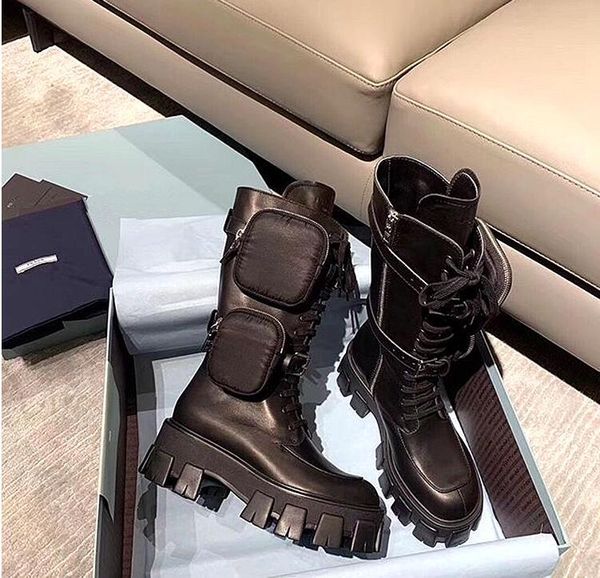 

style 2020 new martin boots women pocket bag muffin platform ankle boots mid tube rider boots motorcycle shoes, Black;red