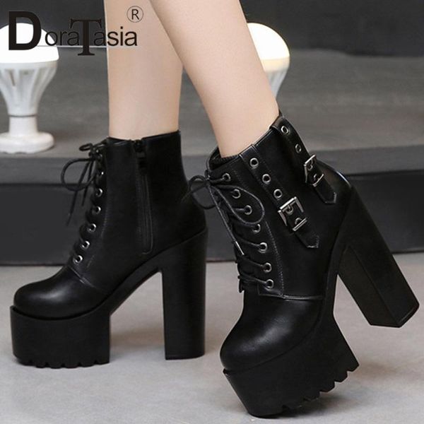 

boots doratasia female fashion platform lace up block heel ankle leisure women buckle brand solid shoes woman, Black