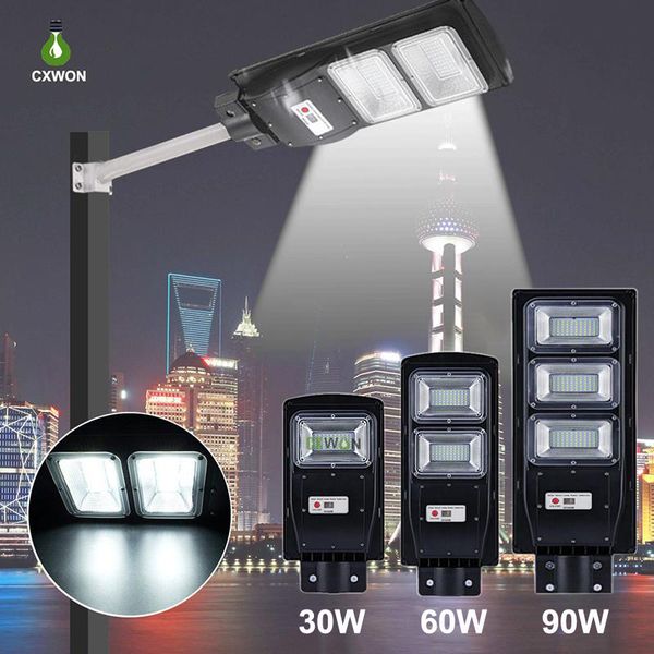 Lampione solare a LED 30W 60W 90W IP67 Lampade da parete per esterni impermeabili Sensore di movimento radar La luce di sicurezza include asta e telecomando
