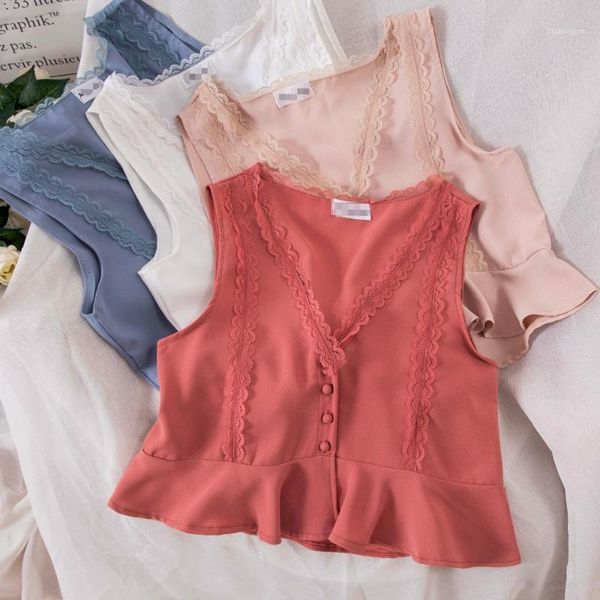 

2018 new wave edge v-neck summer ruffle sleeveless button vest1, White