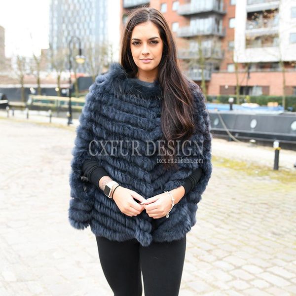 

cx-b-107b raccoon fur trim knitted new real fur poncho shawl, Blue;gray