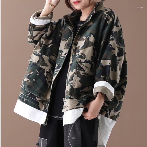 

[ewq] 2020 spring autumn new pattern stand collar long sleeve fake two piece camouflage loose coat wome jacket ah052061, Black;brown