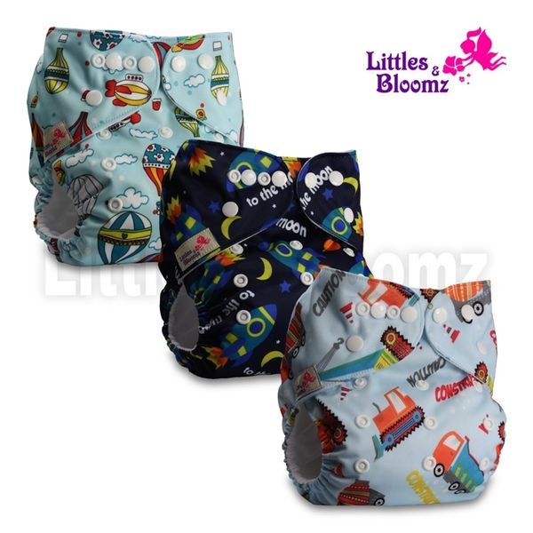 

[littles&bloomz] 3pcs/set baby washable reusable real cloth pocket nappy, 3 nappies/diapers and 3 microfiber inserts in one set 201117