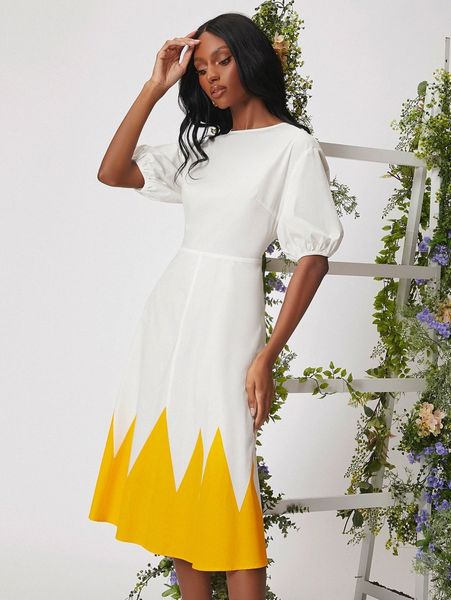 

chevron colorblock print tie backless puff sleeve dress d0ih#, Black;gray