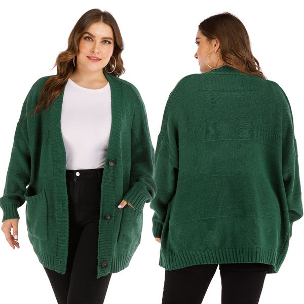 Nuovo arrivato Autunno Inverno Maglione donna Cardigan Taglia grande Verde militare Manica lunga Bottone singolo Scollo a V Cappotto tascabile lavorato a maglia Top caldo e caldo