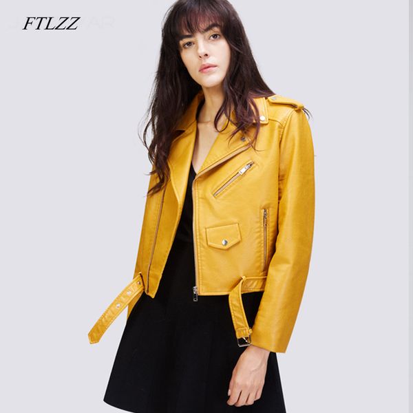 

autunm winter yellow pu leather jackets lady bomber motorcycle cool outerwear short coat with belt s-xxl 210423, Black
