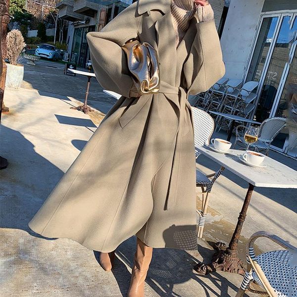

women's wool & blends zosol chic style lapel lace up waist loose swing long sleeve thickened cotton warm woolen coat for women1, Black