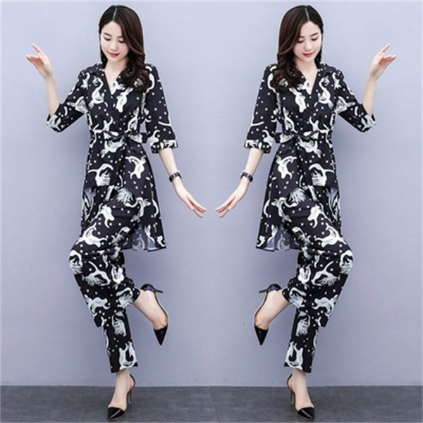 

female floral printing femme joint clothing two pieces pantalon large taille leg broad women's l5ml, White
