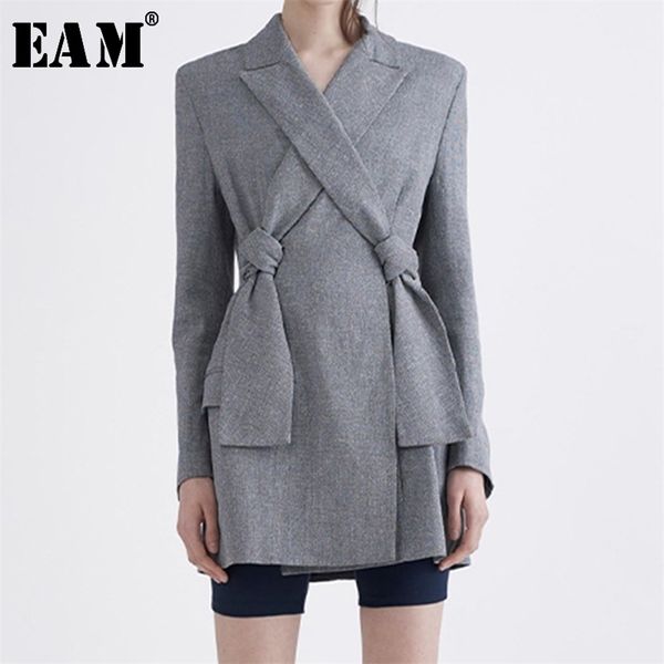 

[eam] women cross bandage brief gray blazer new lapel long sleeve loose fit jacket fashion tide spring autumn 2020 lj201214, White;black